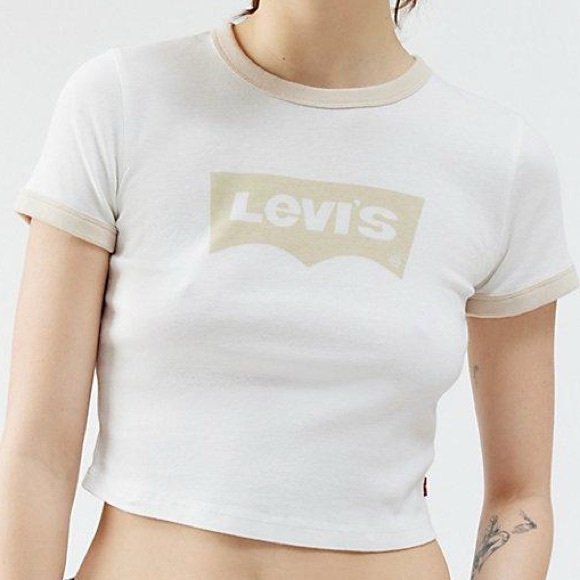 Levi's Logo Graphic Cropped Fitted Ringer Short-Sleeve Crew-Neck Baby Tee Cream - Picture 1 of 7